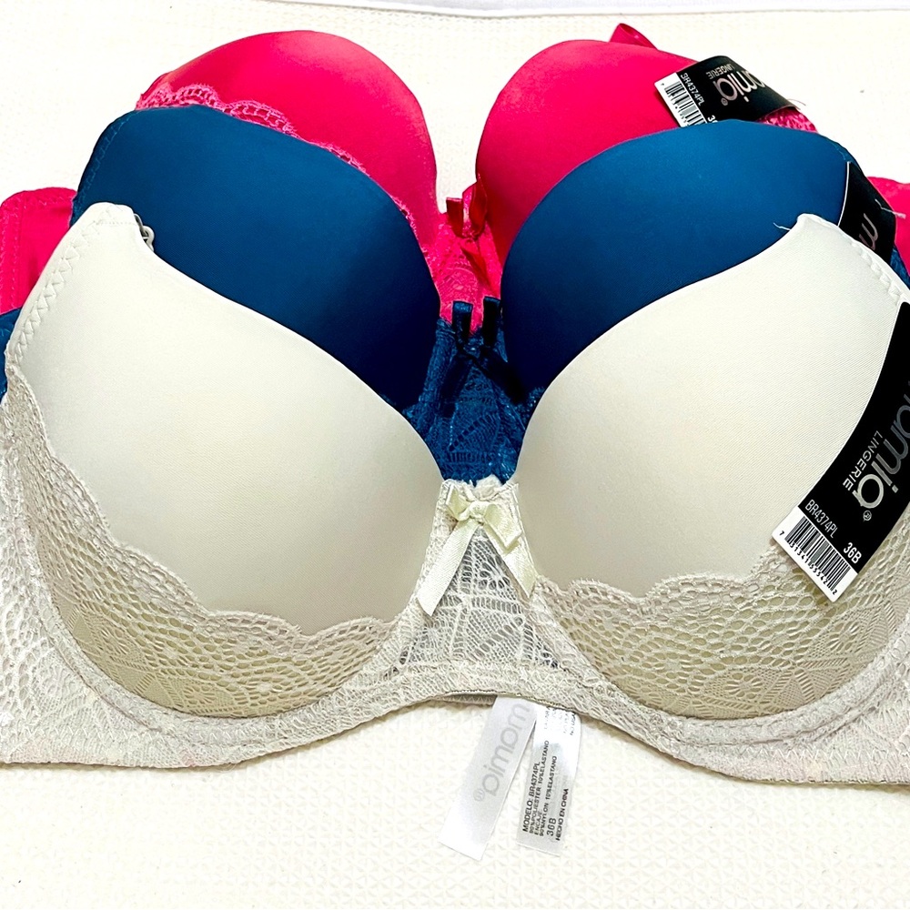 Mamia Lace Padded Push Up Bra - lot Of 3 Pc Hot Bar Blue White & fuchsia 36B